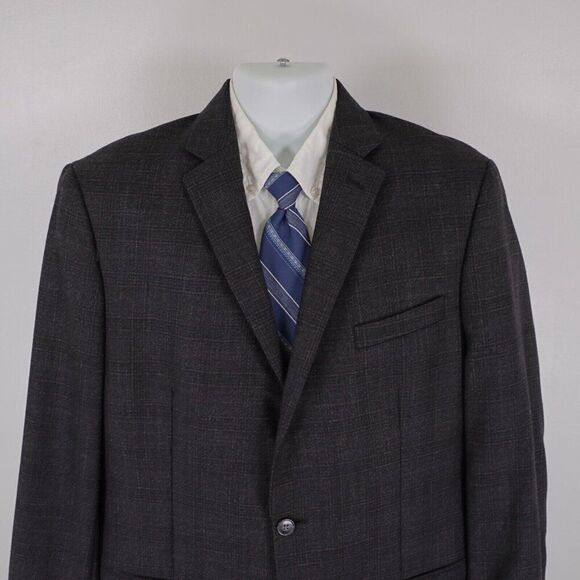 Calvin Klein Wool Gray Check W/ Purple Windowpane 2 Button‎ Blazer 42L - Picture 1 of 12